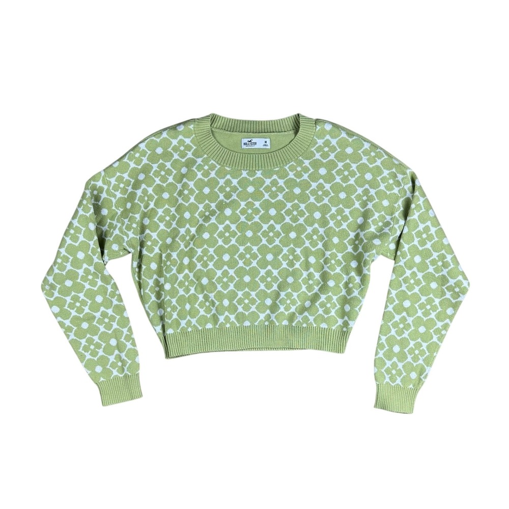 Hollister Women's Cropped Floral Sweater Size M Green White Knit Pullover‎